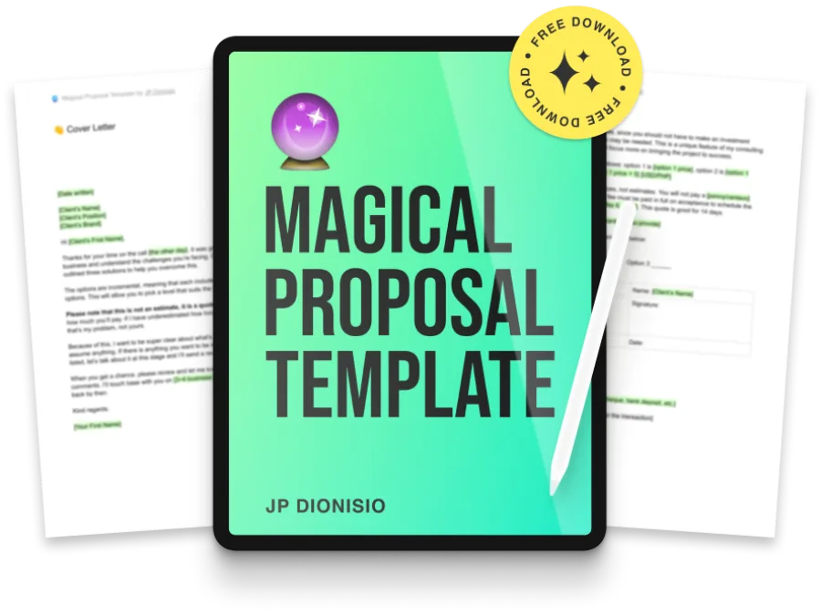 The Magical Proposal Template on a tablet, between two printed proposal pages