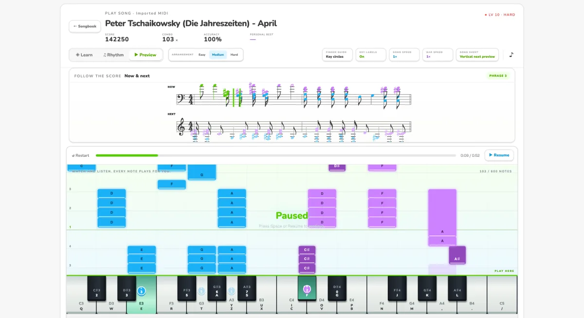 MiniJams piano learning interface